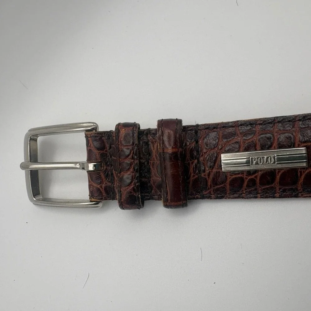 Polo Ralph Lauren Mens Brown Croc Embossed Leather Belt Size 40 Made in USA